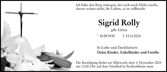 Traueranzeige von Sigrid Rolly von Allgemeine Zeitung Alzey
