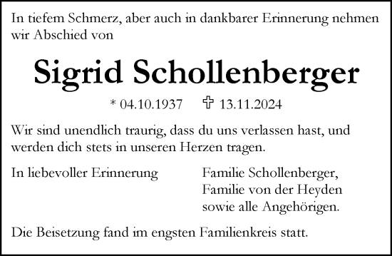 Traueranzeige von Sigrid Schollenberger von Darmstädter Echo