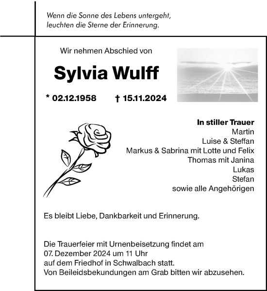 Traueranzeige von Sylvia Wulff von Wetzlarer Neue Zeitung