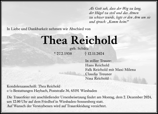 Traueranzeige von Thea Reichold von Wiesbadener Kurier