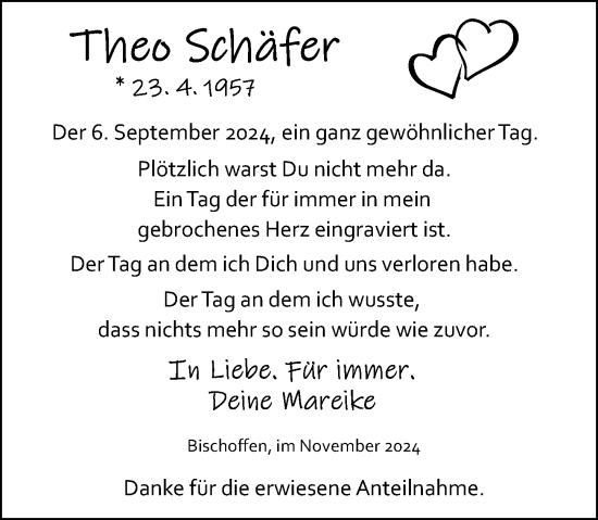 Traueranzeige von Theo Schäfer von Wetzlarer Neue Zeitung