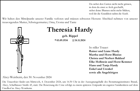 Traueranzeige von Theresia Hardy von Allgemeine Zeitung Alzey
