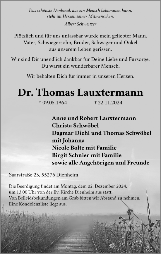 Traueranzeige von Thomas Lauxtermann von Allgemeine Zeitung Mainz