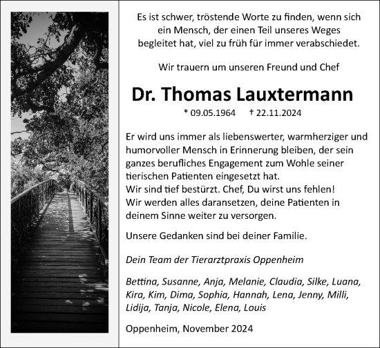 Traueranzeige von Thomas Lauxtermann von Allgemeine Zeitung Mainz
