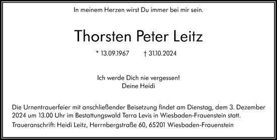 Traueranzeige von Thorsten Peter Leitz von Wiesbadener Kurier