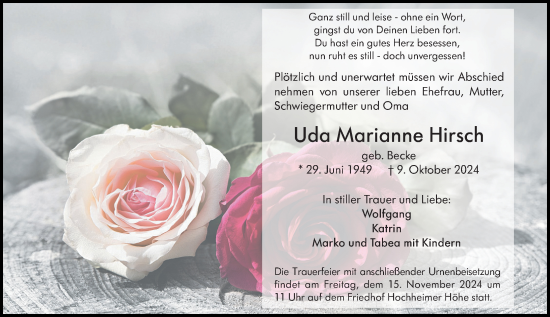 Traueranzeige von Uda Marianne Hirsch von Wormser Zeitung