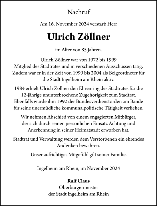 Traueranzeige von Ulrich Zöllner von Allgemeine Zeitung Rheinhessen-Nahe