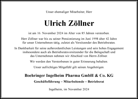 Traueranzeige von Ulrich Zöllner von Allgemeine Zeitung Rheinhessen-Nahe