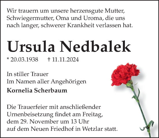 Traueranzeige von Ursula Nedbalek von Wetzlarer Neue Zeitung