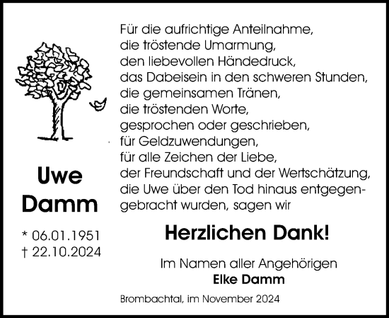 Traueranzeige von Uwe Damm von Odenwälder Echo