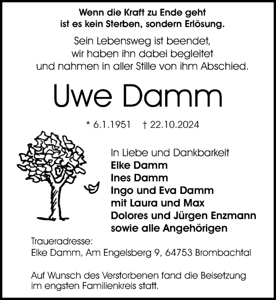 Traueranzeige von Uwe Damm von Odenwälder Echo