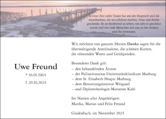 Traueranzeige von Uwe Freund von Hinterländer Anzeiger