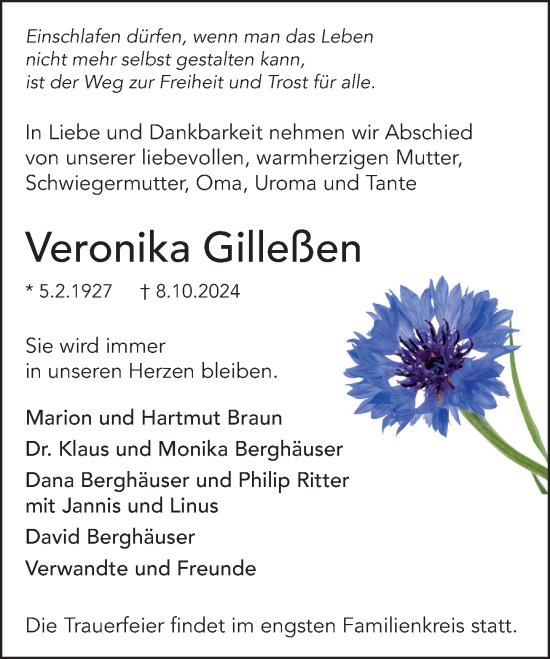 Traueranzeige von Veronika Gilleßen von Wetzlarer Neue Zeitung
