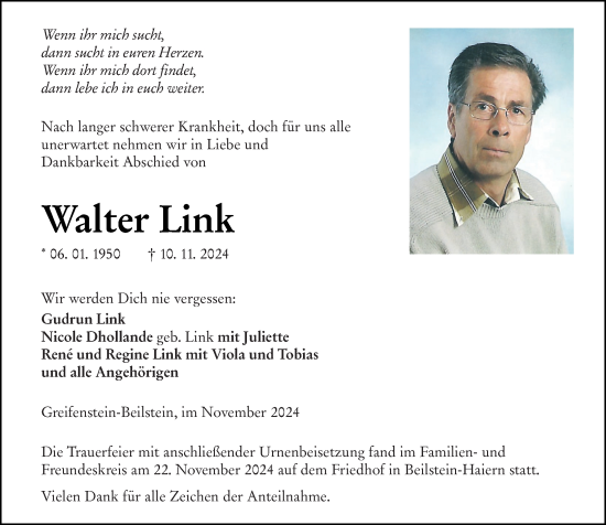 Traueranzeige von Walter Link von Dill Block