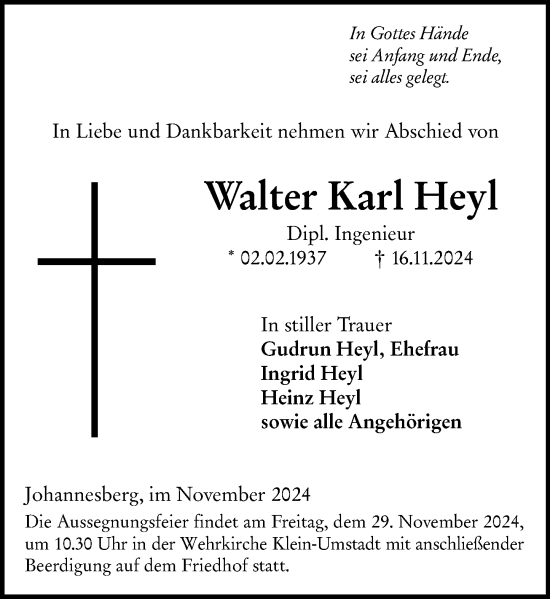 Traueranzeige von Walter Karl Heyl von Darmstädter Echo