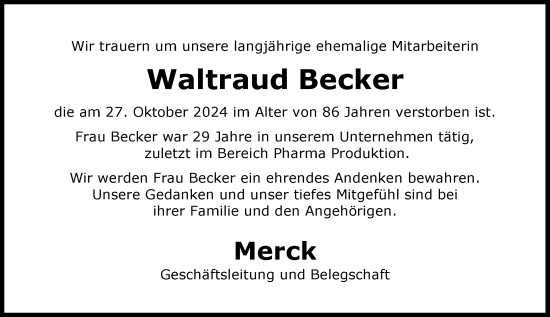 Traueranzeige von Waltraud Becker von Darmstädter Echo