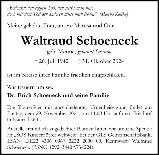 Traueranzeige von Waltraud Schoeneck von Wiesbadener Kurier