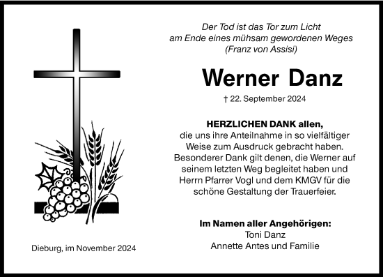 Traueranzeige von Werner Danz von Dieburger Anzeiger/Groß-Zimmerner Lokal-Anzeiger