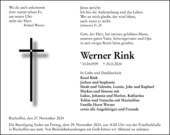 Traueranzeige von Werner Rink von Hinterländer Anzeiger