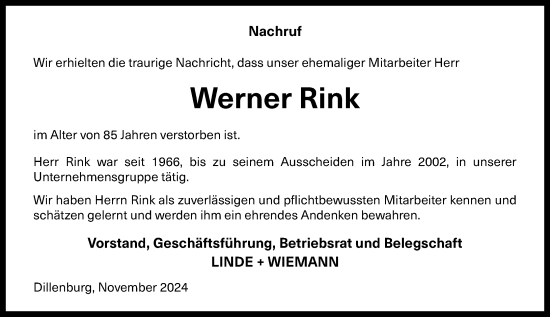 Traueranzeige von Werner Rink von Dill Block