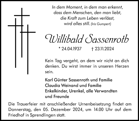 Traueranzeige von Willibald Sassenroth von Allgemeine Zeitung Rheinhessen-Nahe