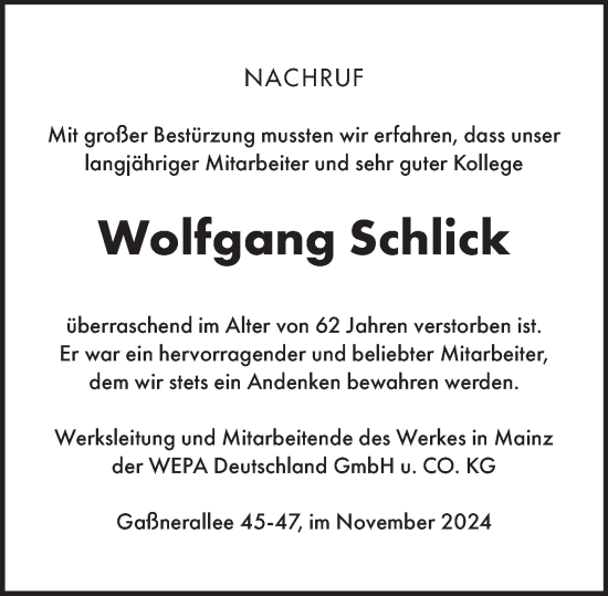 Traueranzeige von Wolfgang Schlick von Allgemeine Zeitung Mainz