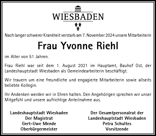 Traueranzeige von Yvonne Riehl von Wiesbadener Kurier