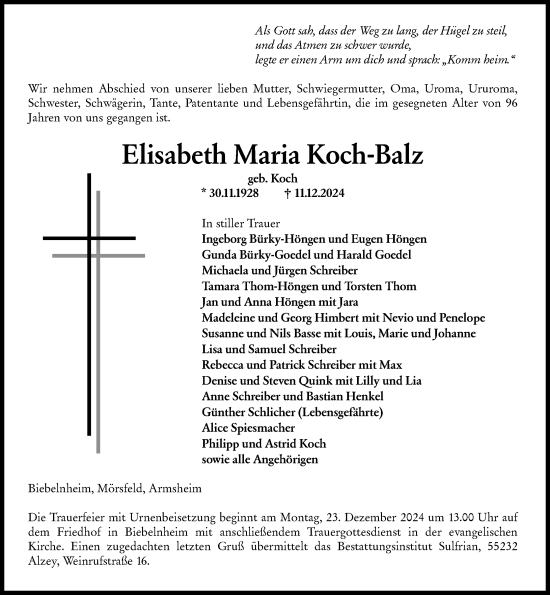 Traueranzeige von Elisabeth Maria Koch-Balz von Allgemeine Zeitung Alzey