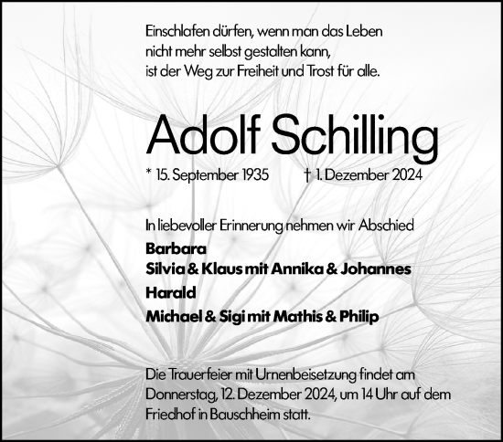 Traueranzeige von Adolf Schilling von Rüsselsheimer Echo