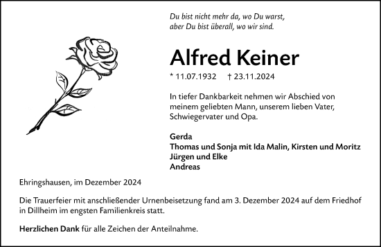 Traueranzeige von Alfred Keiner von Wetzlarer Neue Zeitung