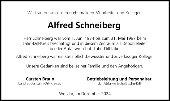 Traueranzeige von Alfred Schneiberg von Wetzlarer Neue Zeitung