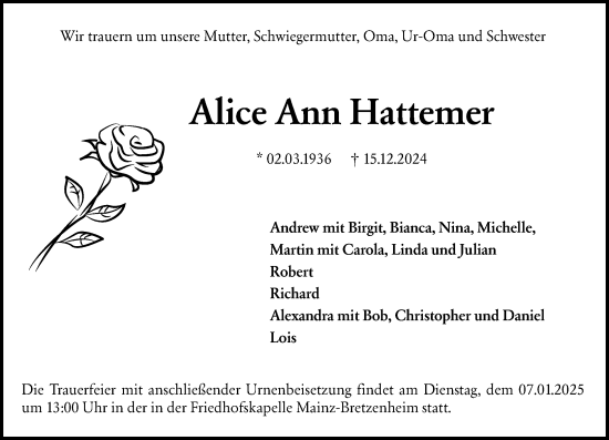 Traueranzeige von Alice Ann Hattemer von Allgemeine Zeitung Mainz