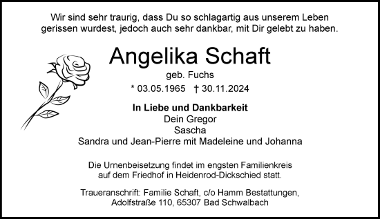 Traueranzeige von Angelika Schaft von Wiesbadener Kurier