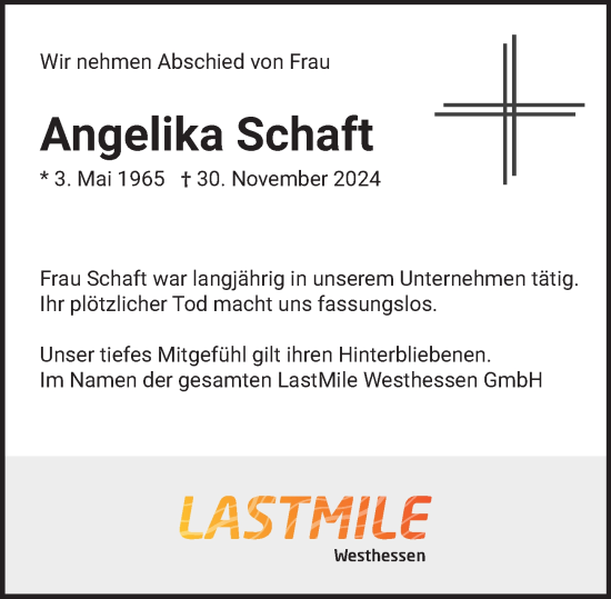 Traueranzeige von Angelika Schaft von Wiesbadener Kurier