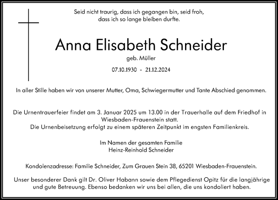 Traueranzeige von Anna Elisabeth Schneider von Wiesbadener Kurier