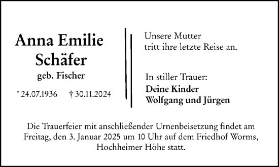 Traueranzeige von Anna Emilie Schäfer von Wormser Zeitung