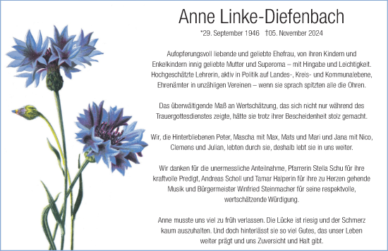 Traueranzeige von Anne Linke-Diefenbach von Wiesbadener Kurier