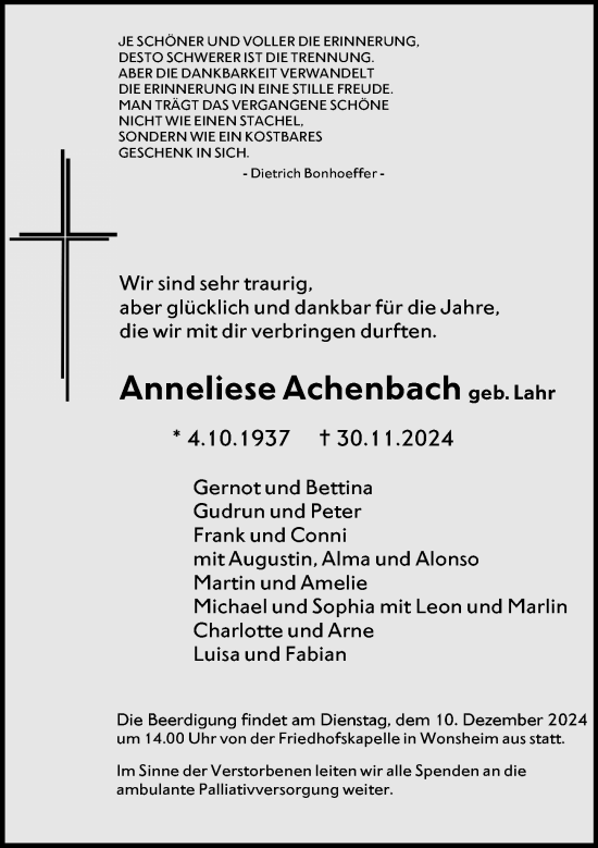 Traueranzeige von Anneliese Achenbach von Allgemeine Zeitung Alzey