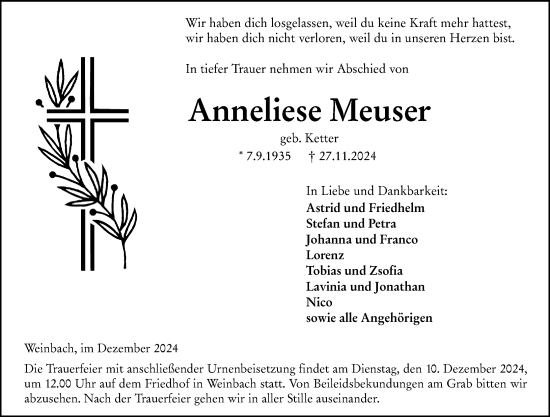 Traueranzeige von Anneliese Meuser von Weilburger Tageblatt