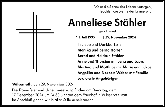 Traueranzeige von Anneliese Stähler von Nassauische Neue Presse