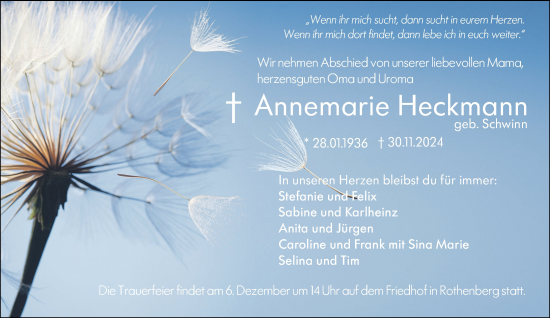 Traueranzeige von Annemarie Heckmann von Odenwälder Echo
