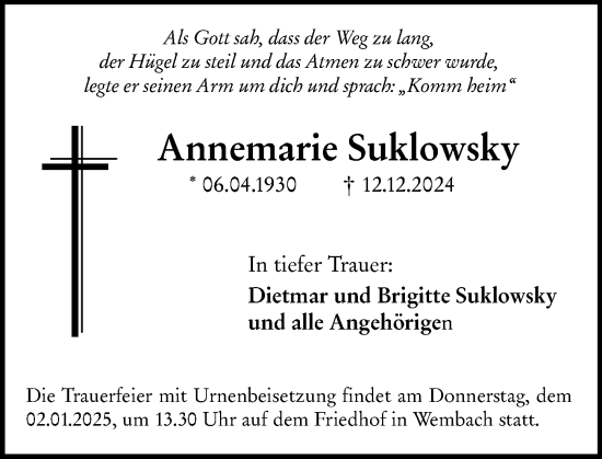 Traueranzeige von Annemarie Suklowsky von Darmstädter Echo