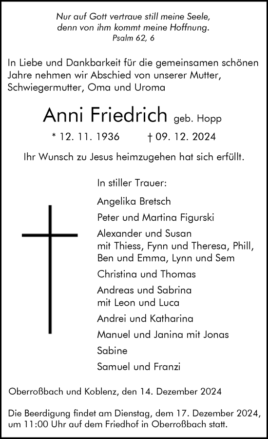 Traueranzeige von Anni Friedrich von Dill Block