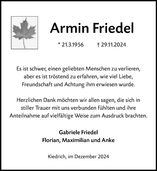 Traueranzeige von Armin Friedel von Rheingau Kurier