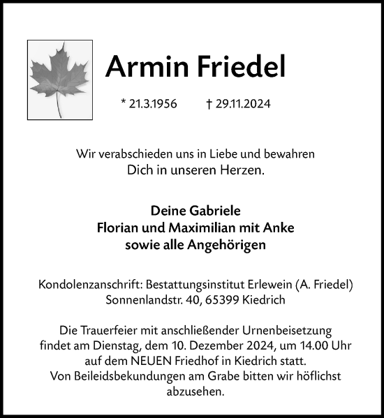 Traueranzeige von Armin Friedel von Rheingau Kurier