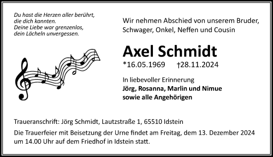 Traueranzeige von Axel Schmidt von Idsteiner Land/Untertaunus