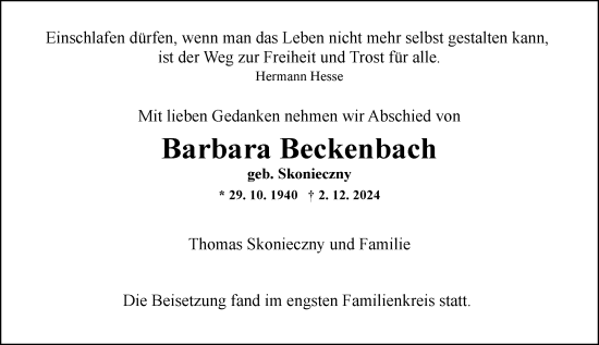Traueranzeige von Barbara Beckenbach von Allgemeine Zeitung Mainz
