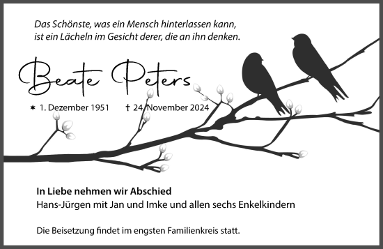 Traueranzeige von Beate Peters von Camberger Anzeiger