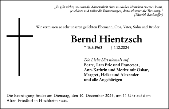 Traueranzeige von Bernd Hientzsch von Hochheimer Zeitung