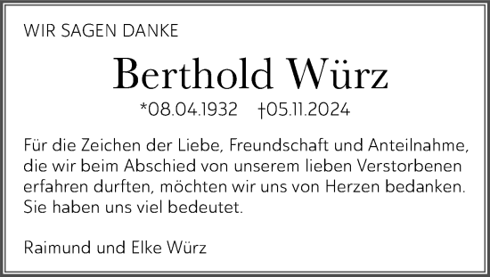 Traueranzeige von Berthold Würz von Dill Block